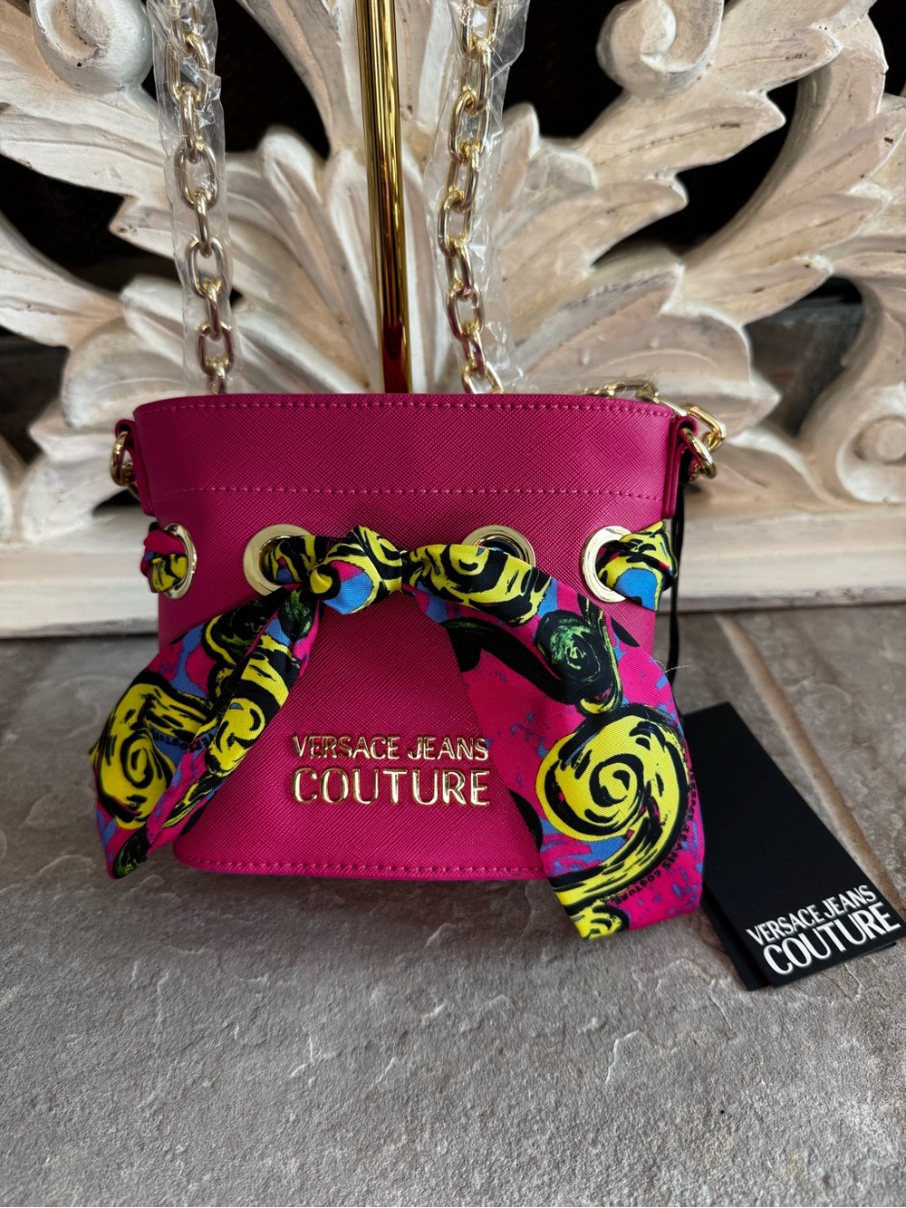Versace Jeans Collection Hot Pink Mini Chain Bag with Scarf Detail and COA